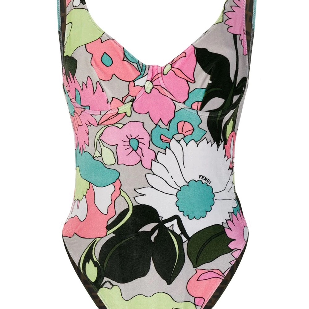 Fendi Floral One-Piece Swimsuit - Pink, Green, Black